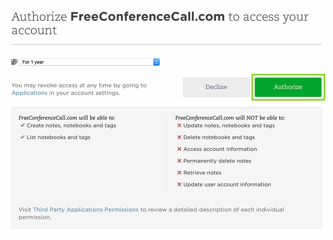 Authorize Evernote to access Freeconferencecall.com account page