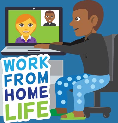 Work from home life Freemoji sticker with person video conferencing in pajama bottoms and slippers